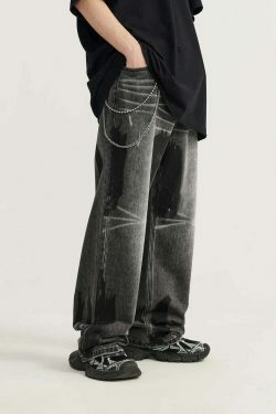 Y2K Aesthetic Paint Stripe Faded Baggy Jeans - Vintage Style Denim for Women