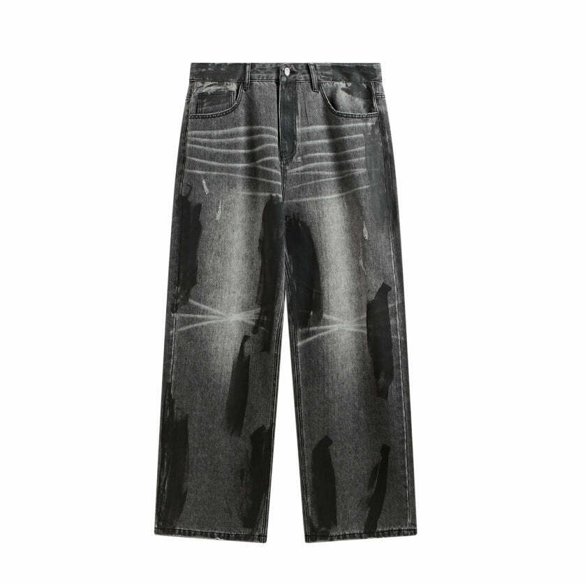 Y2K Aesthetic Paint Stripe Faded Baggy Jeans - Vintage Style Denim for Women