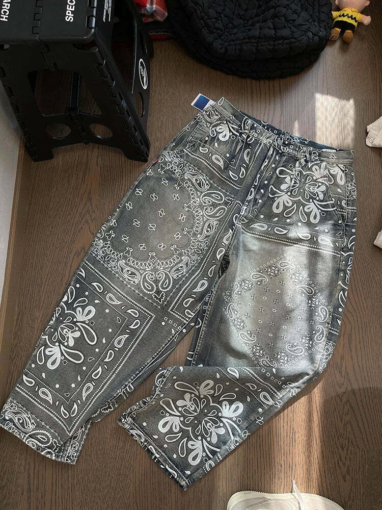 Y2K Aesthetic Paisley Baggy Jeans: Coquette Style with Grunge & Pastel Goth Vibes