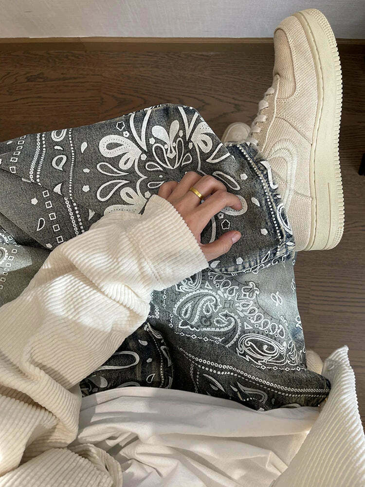 Y2K Aesthetic Paisley Baggy Jeans: Coquette Style with Grunge & Pastel Goth Vibes