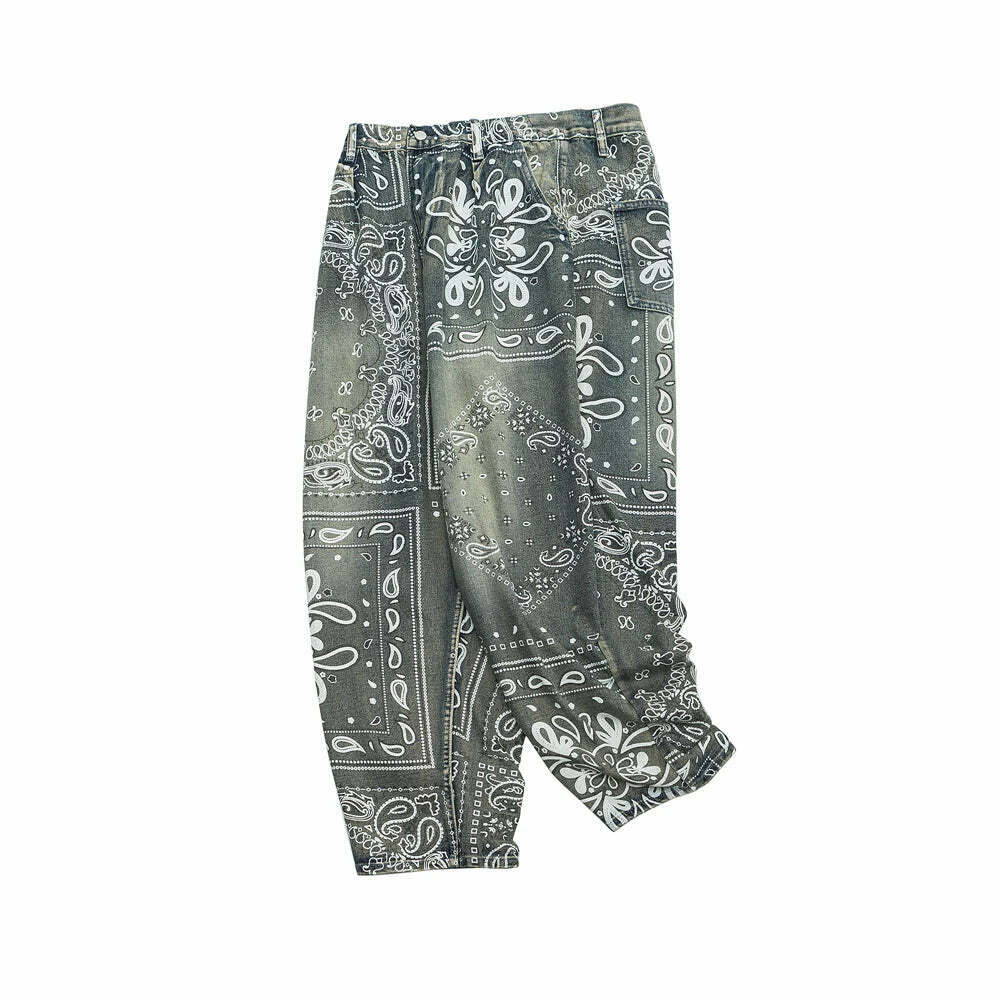 Y2K Aesthetic Paisley Baggy Jeans: Coquette Style with Grunge & Pastel Goth Vibes