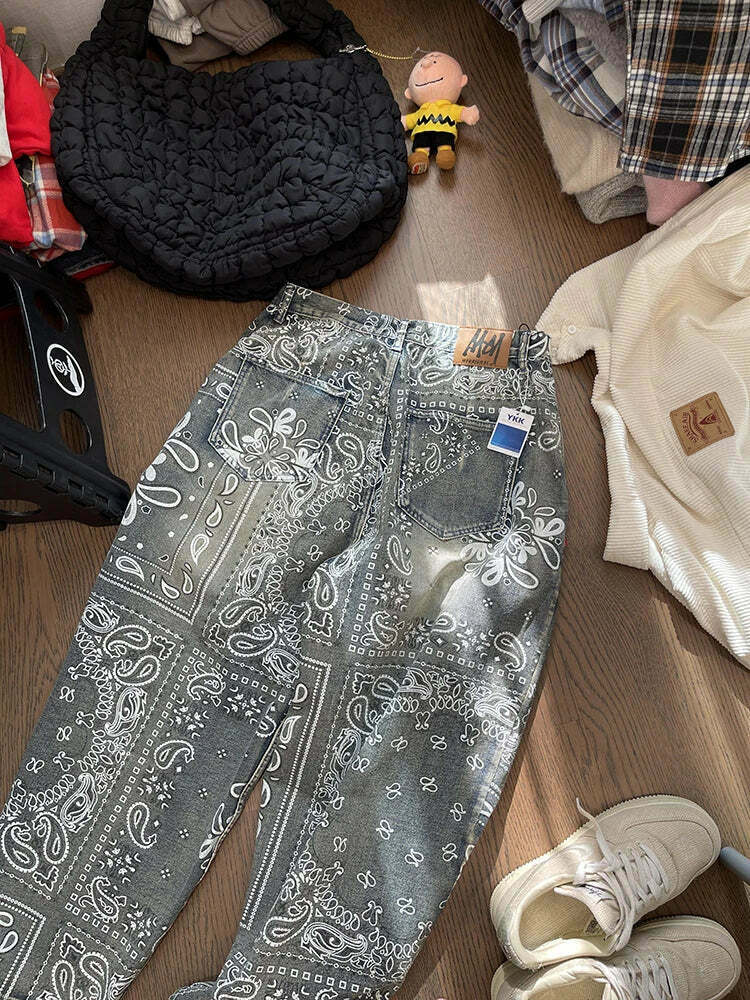 Y2K Aesthetic Paisley Baggy Jeans: Coquette Style with Grunge & Pastel Goth Vibes