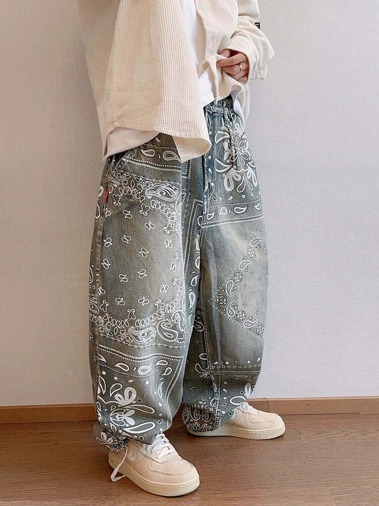 Y2K Aesthetic Paisley Baggy Jeans: Coquette Style with Grunge & Pastel Goth Vibes