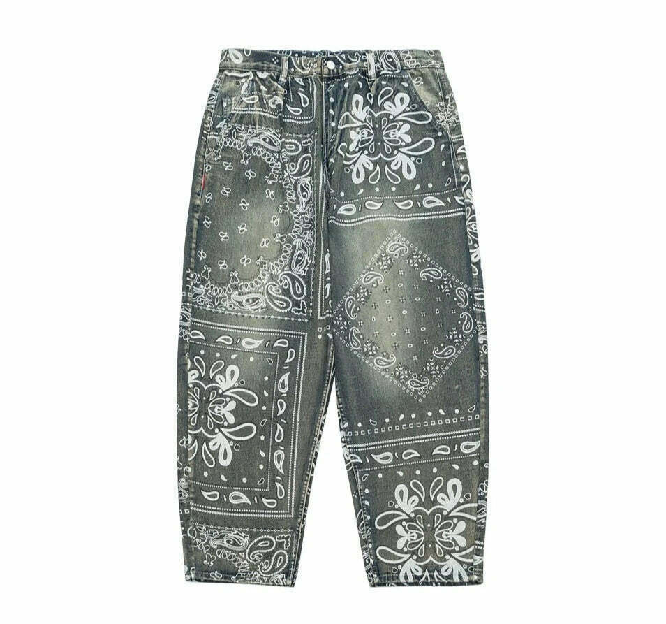 Y2K Aesthetic Paisley Baggy Jeans: Coquette Style with Grunge & Pastel Goth Vibes