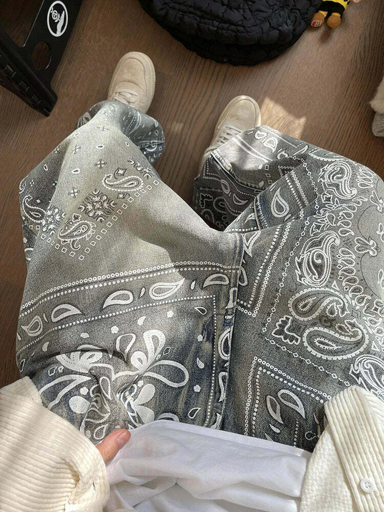 Y2K Aesthetic Paisley Baggy Jeans: Coquette Style with Grunge & Pastel Goth Vibes