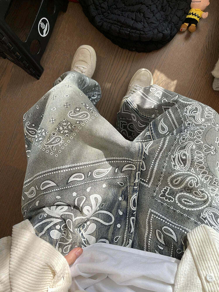 Y2K Aesthetic Paisley Baggy Jeans: Coquette Style with Grunge & Pastel Goth Vibes