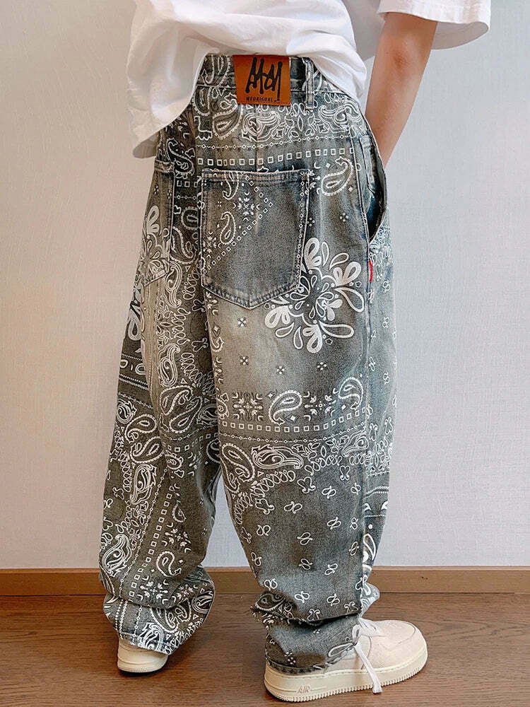 Y2K Aesthetic Paisley Baggy Jeans: Coquette Style with Grunge & Pastel Goth Vibes