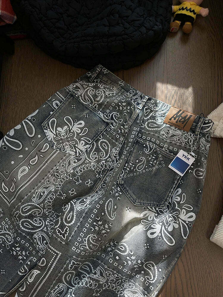 Y2K Aesthetic Paisley Baggy Jeans: Coquette Style with Grunge & Pastel Goth Vibes