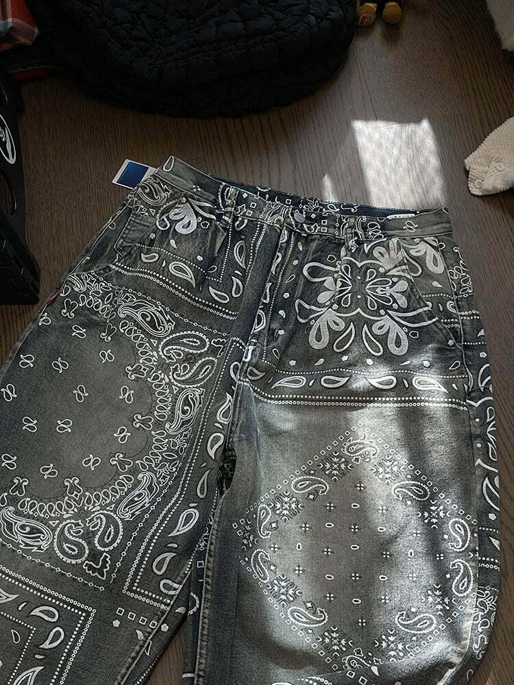 Y2K Aesthetic Paisley Baggy Jeans: Coquette Style with Grunge & Pastel Goth Vibes