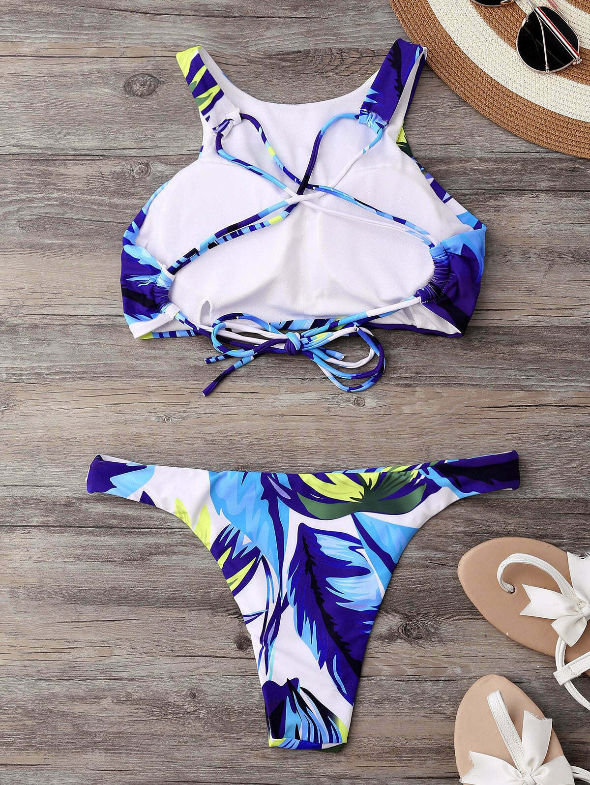 Y2K Aesthetic Palm High Neck Thong Bikini Set - Retro Coquette Style Swimsuit for Women