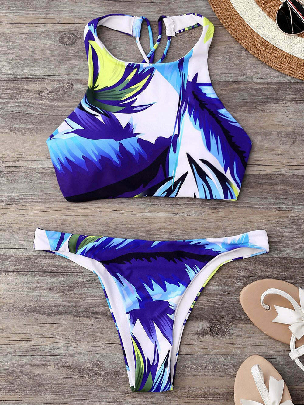 Y2K Aesthetic Palm High Neck Thong Bikini Set - Retro Coquette Style Swimsuit for Women