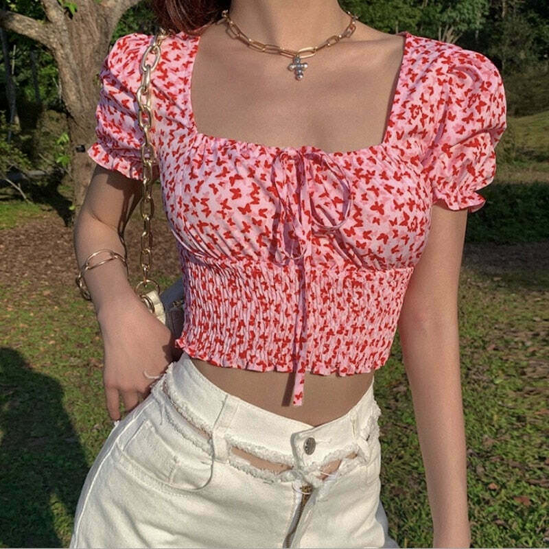 Y2K Aesthetic Pandora Ruched Tie-Up Crop Top - Coquette Style Grunge Fashion for Women