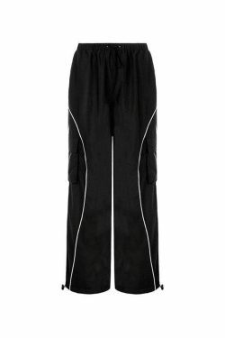 Y2K Aesthetic Parachute Cargo Pants with Piping Detail - Size Friendly Women's Fashion