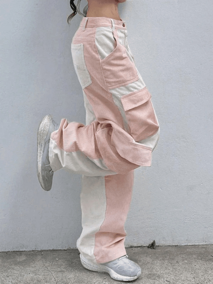 Y2K Aesthetic Patchwork Corduroy Cargo Pants for Women - Coquette Style Grunge Fashion with a Twist