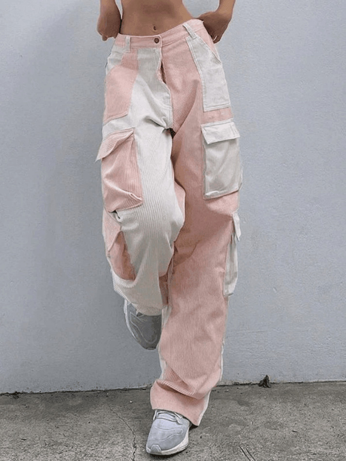 Y2K Aesthetic Patchwork Corduroy Cargo Pants for Women - Coquette Style Grunge Fashion with a Twist