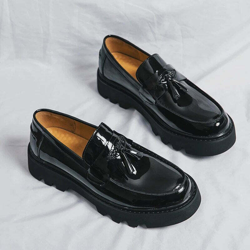 Y2K Aesthetic Patent Tassel Loafers - Coquette Grunge with Old Money E