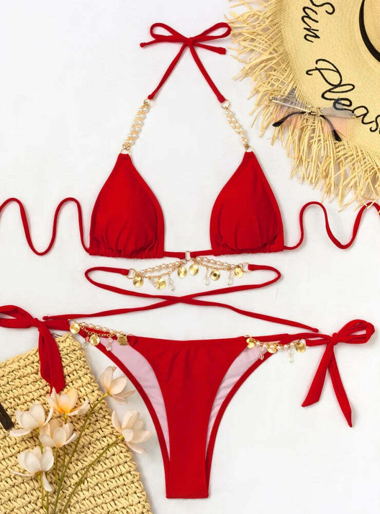 Y2K Aesthetic Pearl Crystal Pendant Strap Swimsuit for Niche Women Fashion