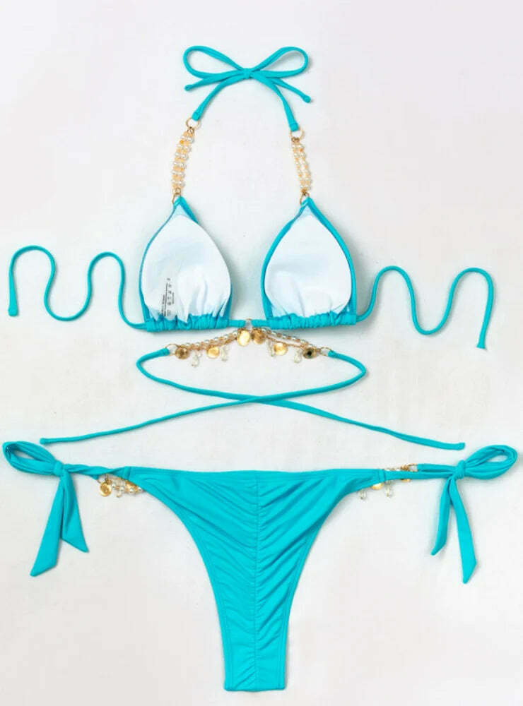 Y2K Aesthetic Pearl Crystal Pendant Strap Swimsuit for Niche Women Fashion