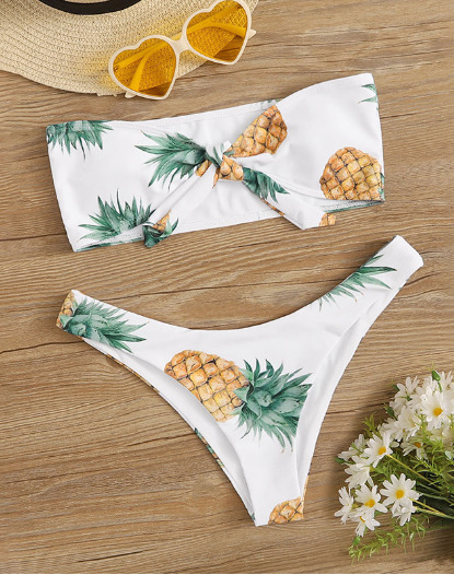 Y2K Aesthetic Pineapple Print White Tube Top Bikini for Women - Coquette Style Grunge Fashion