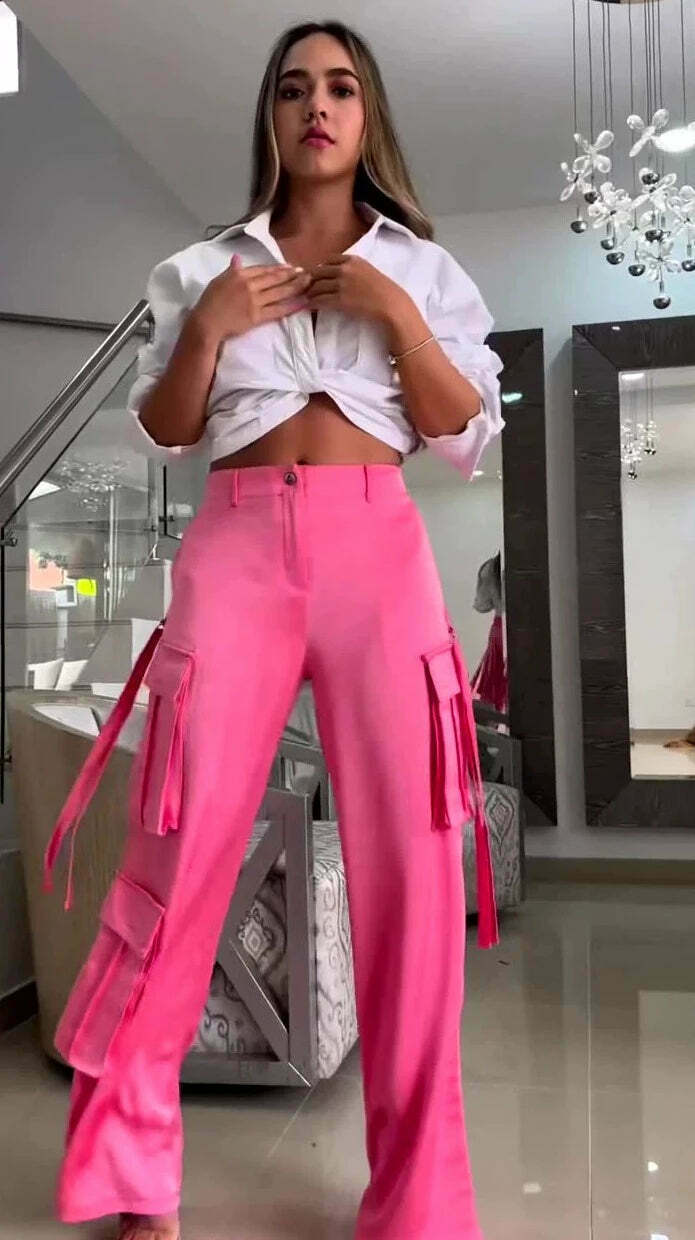 Y2K Aesthetic Pink Parachute Pants & White Short Shirt - Coquette Fashion for Women