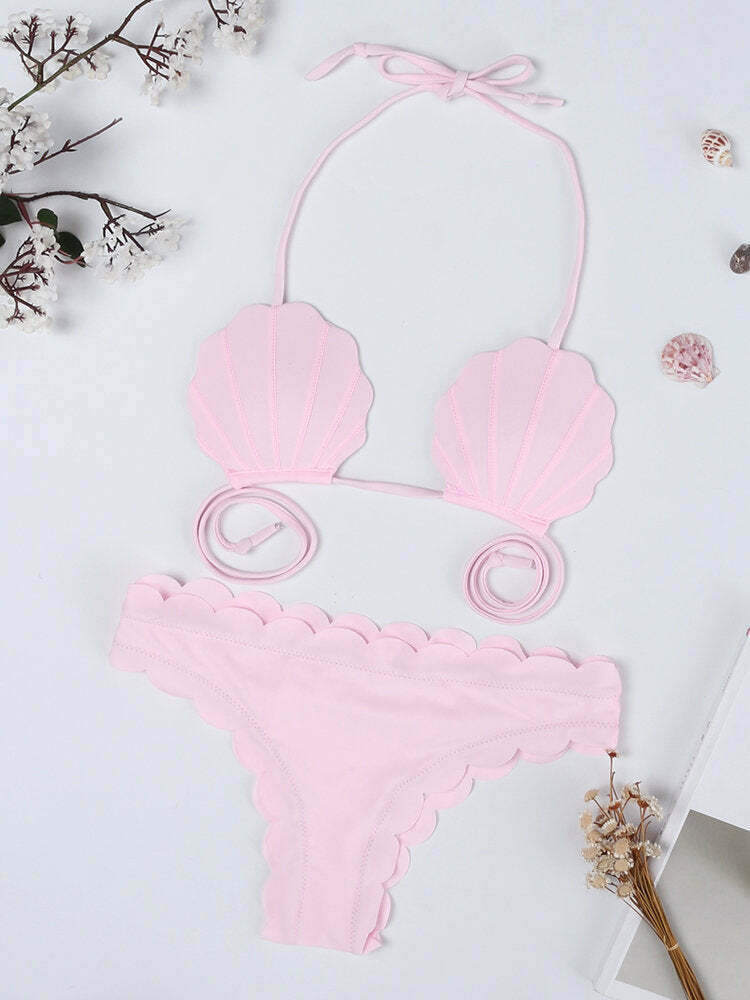 Y2K Aesthetic Pink Shell Wave Halter String Backless Bikini Swimsuit