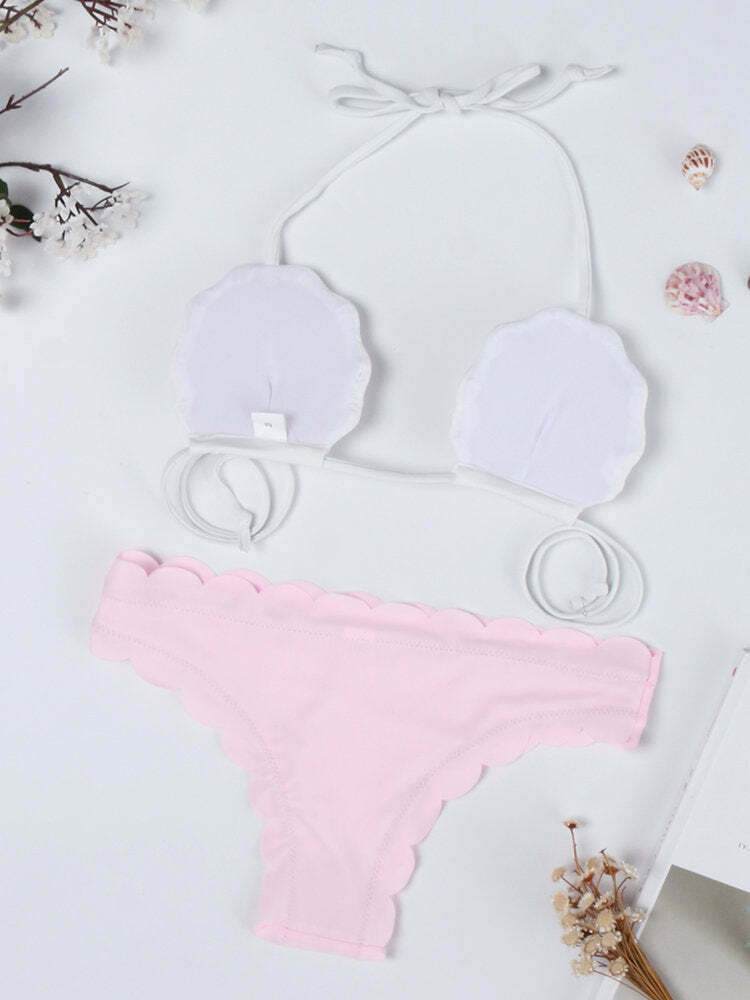 Y2K Aesthetic Pink Shell Wave Halter String Backless Bikini Swimsuit