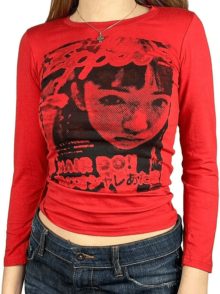 Y2K Aesthetic Pixel Face Print Long Sleeve Tee for Women - Coquette & Grunge Style Fashion