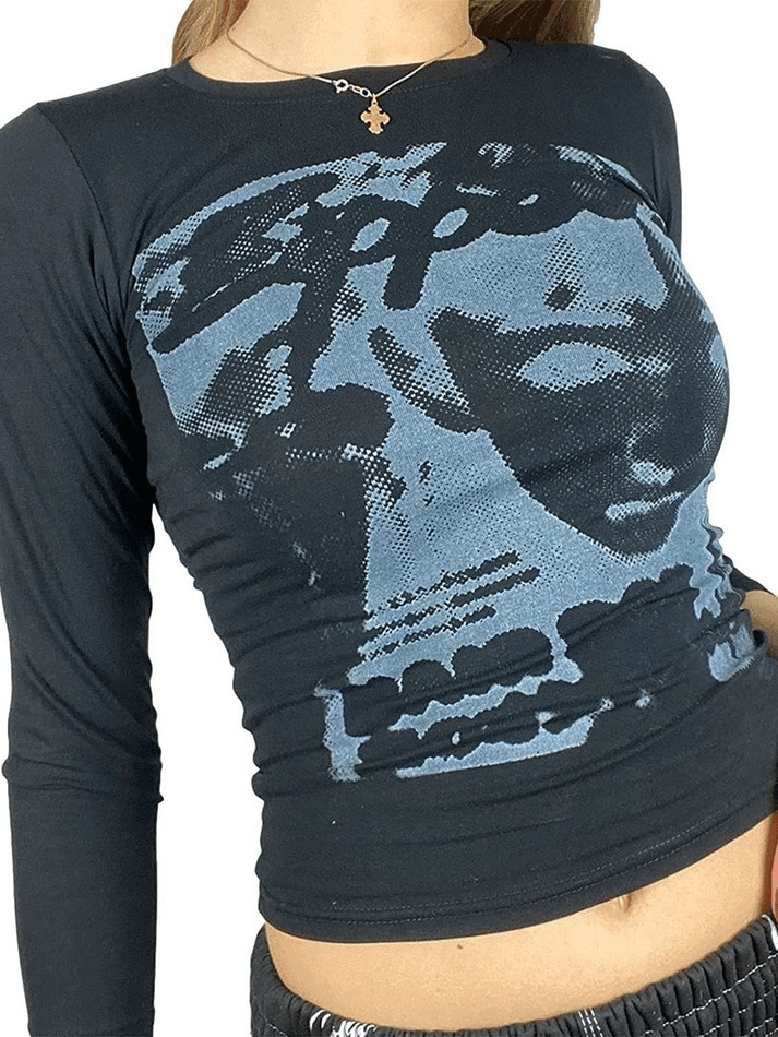 Y2K Aesthetic Pixel Face Print Long Sleeve Tee for Women - Coquette & Grunge Style Fashion