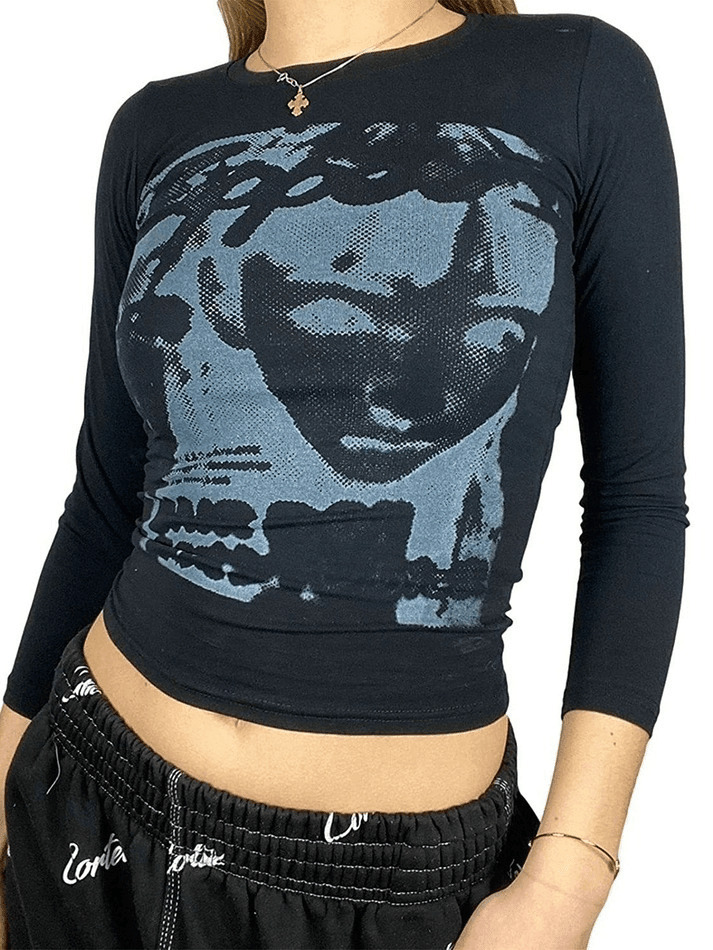 Y2K Aesthetic Pixel Face Print Long Sleeve Tee for Women - Coquette & Grunge Style Fashion