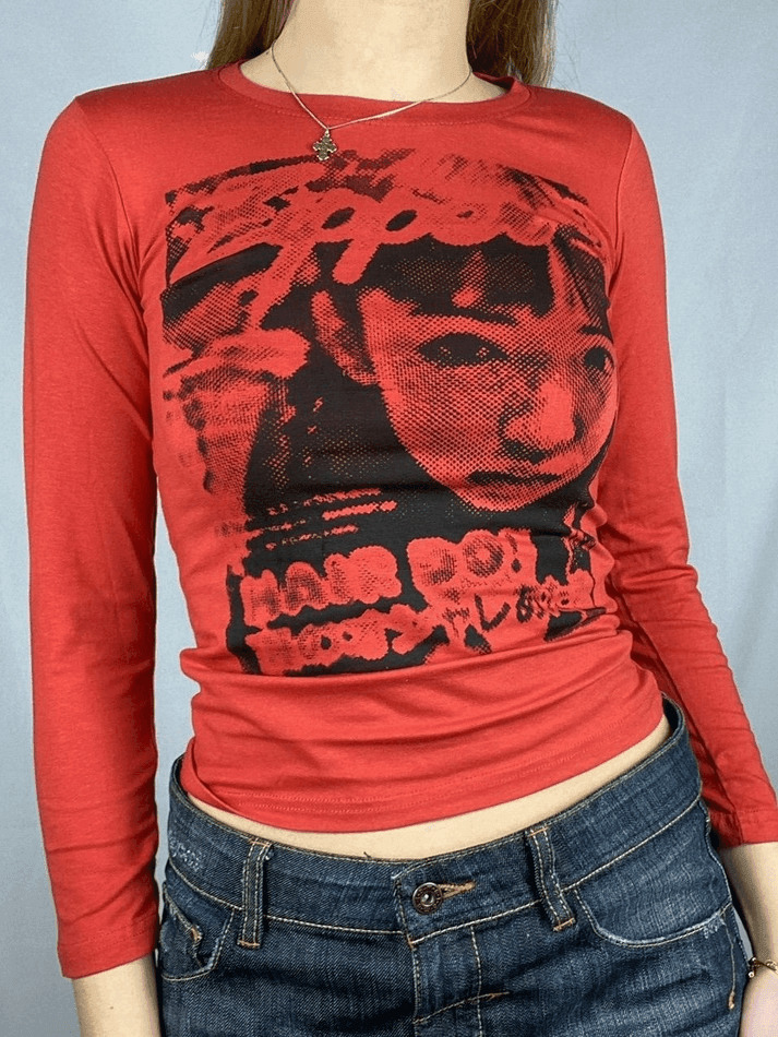 Y2K Aesthetic Pixel Face Print Long Sleeve Tee for Women - Coquette & Grunge Style Fashion