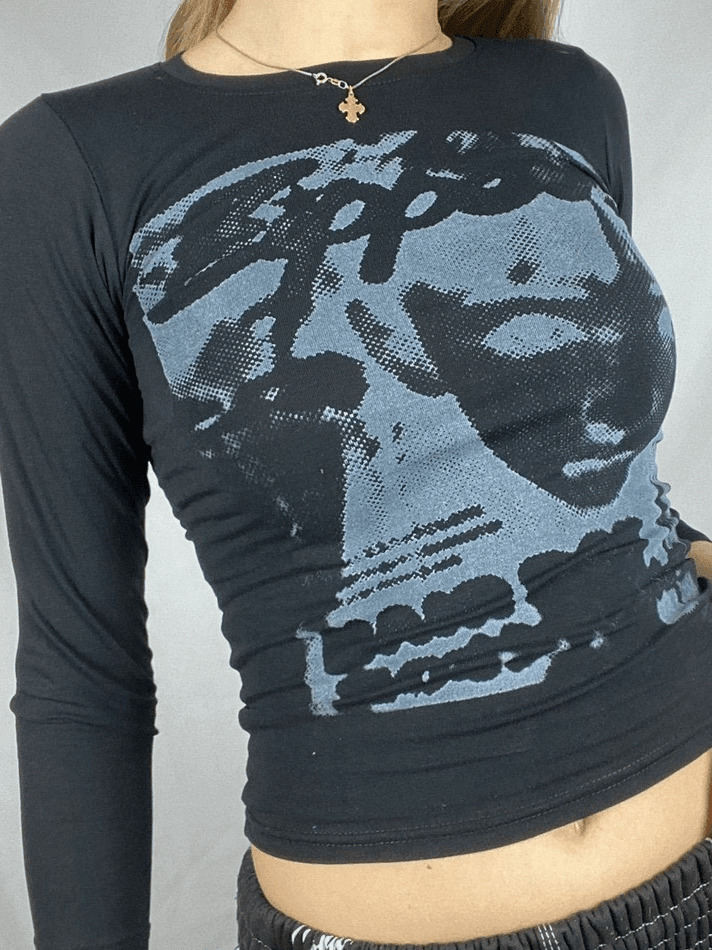 Y2K Aesthetic Pixel Face Print Long Sleeve Tee for Women - Coquette & Grunge Style Fashion