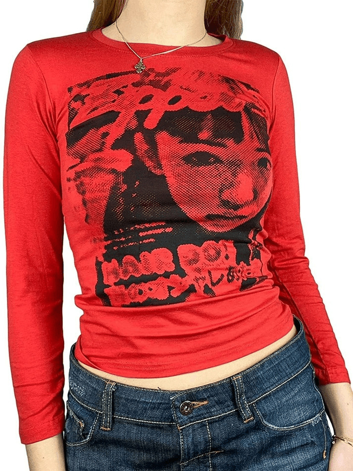 Y2K Aesthetic Pixel Face Print Long Sleeve Tee for Women - Coquette & Grunge Style Fashion