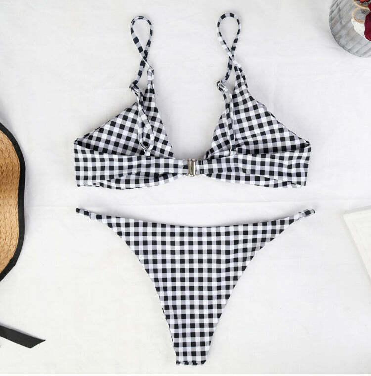 Y2K Aesthetic Plaid Strappy Bikini Set - Coquette Style for Women's Fashion