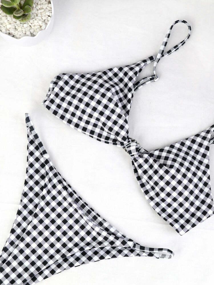 Y2K Aesthetic Plaid Strappy Bikini Set - Coquette Style for Women's Fashion
