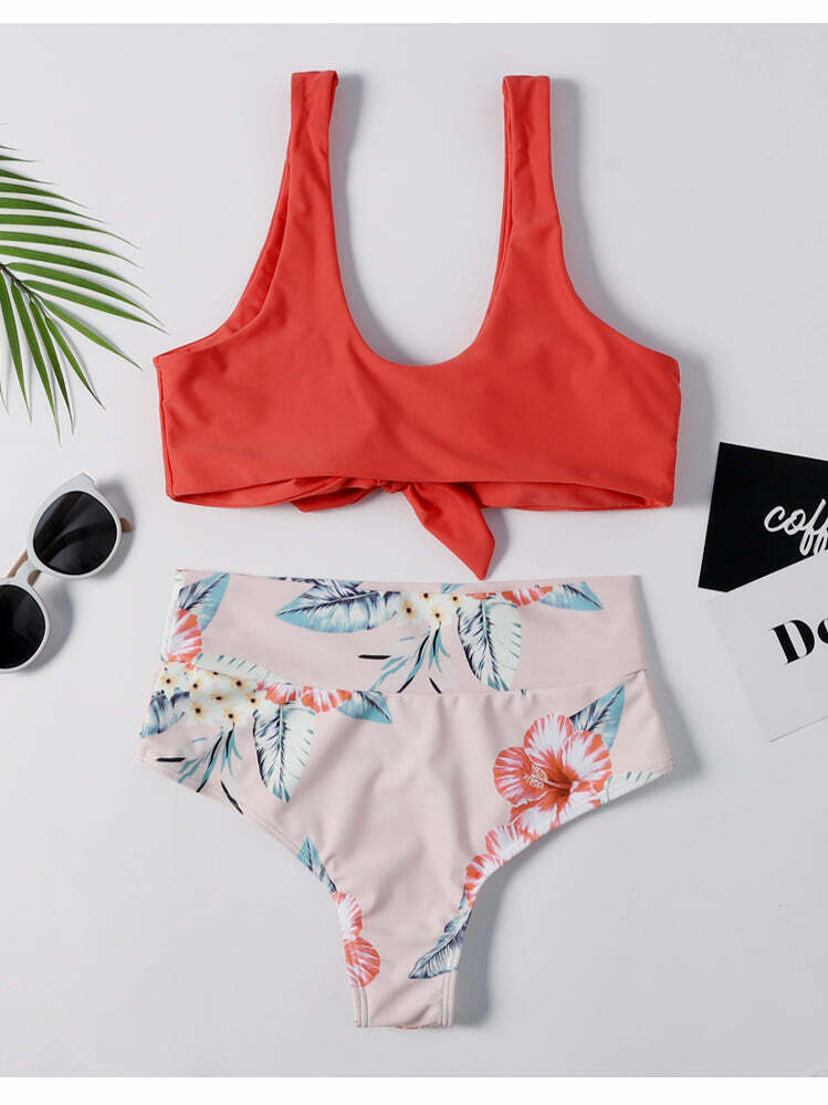 Y2K Aesthetic Plunge Knot Printed Bikini Set in Coquette Style