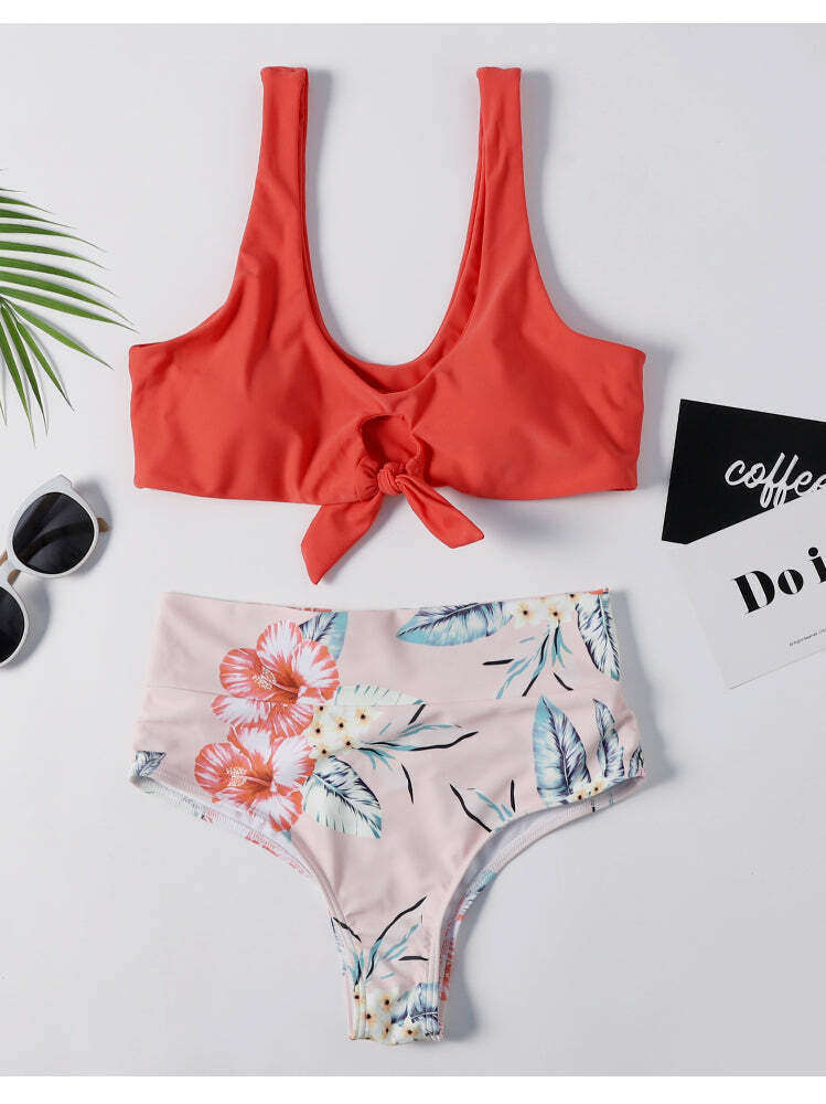 Y2K Aesthetic Plunge Knot Printed Bikini Set in Coquette Style