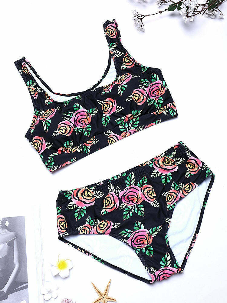 Y2K Aesthetic Plus Size High Waist Printed T-shirt Bikini Suit
