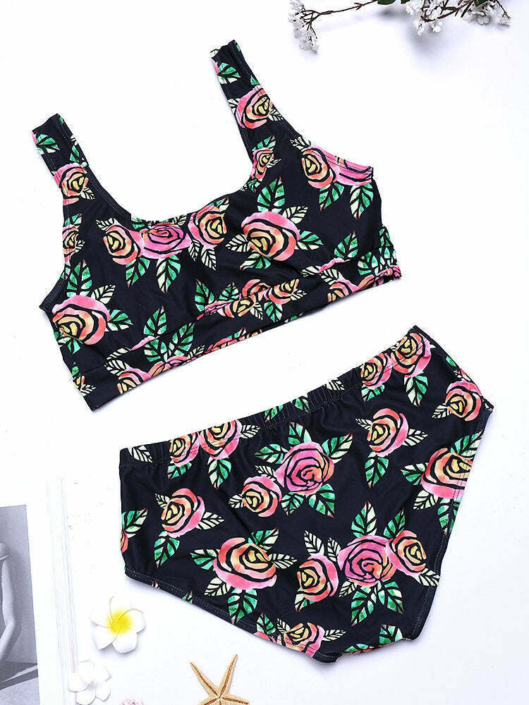 Y2K Aesthetic Plus Size High Waist Printed T-shirt Bikini Suit