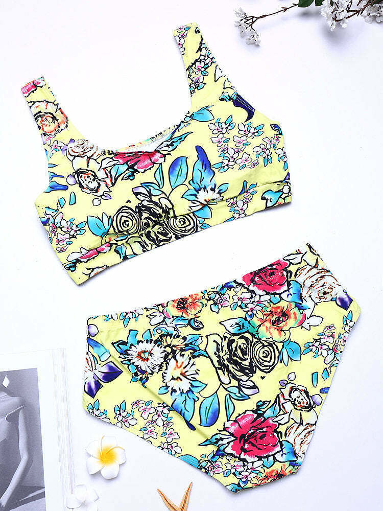 Y2K Aesthetic Plus Size High Waist Printed T-shirt Bikini Suit