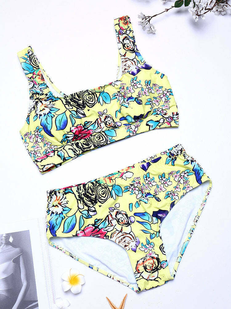Y2K Aesthetic Plus Size High Waist Printed T-shirt Bikini Suit