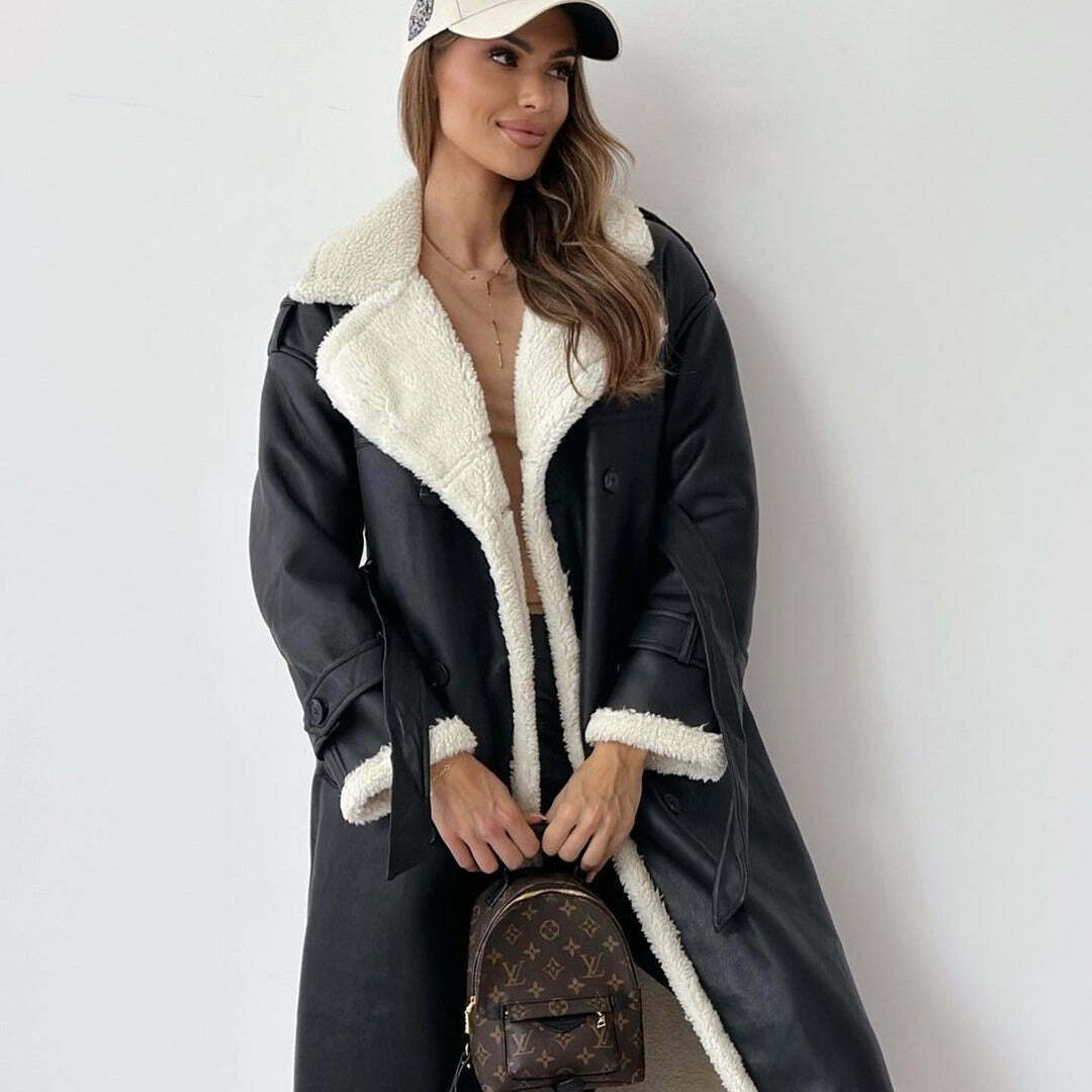 Y2K Aesthetic Plush Coat: Coquette Style Leather Jacket for Women - Grunge Fashion Statement Piece