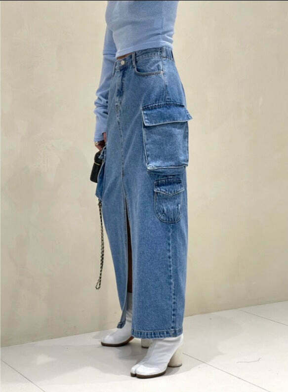 Y2K Aesthetic Pocket Denim Long Skirt for Women - Coquette Style Grunge Fashion with Vintage Vibes