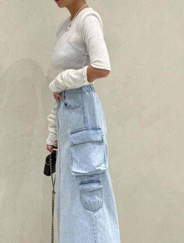 Y2K Aesthetic Pocket Denim Long Skirt for Women - Coquette Style Grunge Fashion with Vintage Vibes