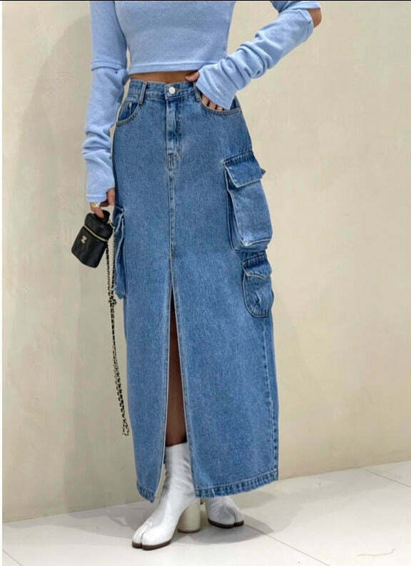 Y2K Aesthetic Pocket Denim Long Skirt for Women - Coquette Style Grunge Fashion with Vintage Vibes