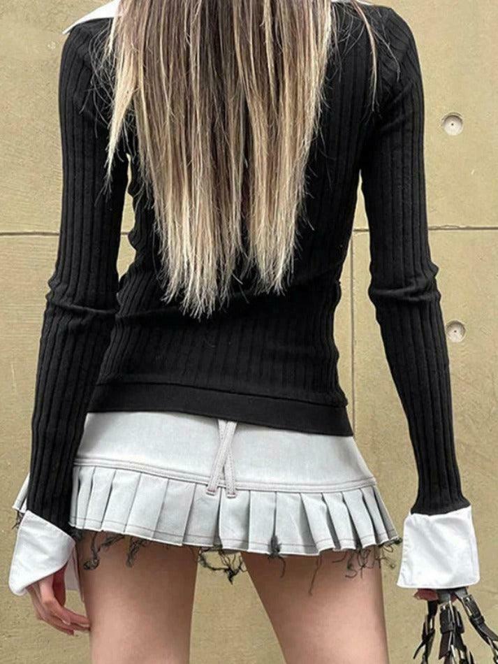 Y2K Aesthetic Polo Neck Splice Knit: Coquette Grunge Style, Cute Tops & Cargo Skirt