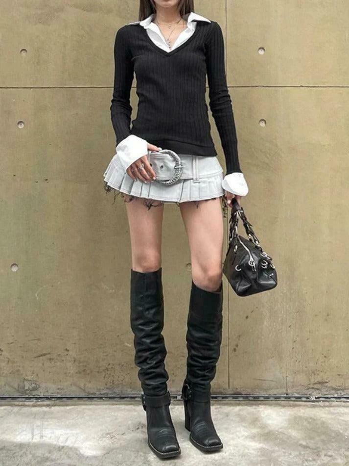 Y2K Aesthetic Polo Neck Splice Knit: Coquette Grunge Style, Cute Tops & Cargo Skirt