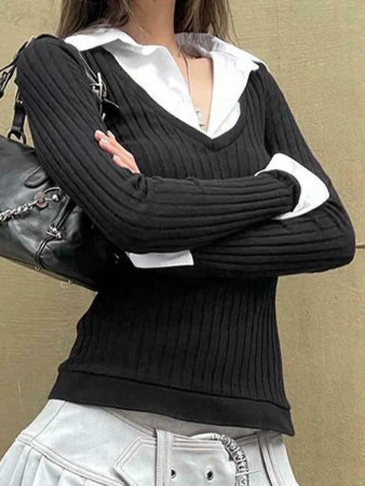 Y2K Aesthetic Polo Neck Splice Knit: Coquette Grunge Style, Cute Tops & Cargo Skirt