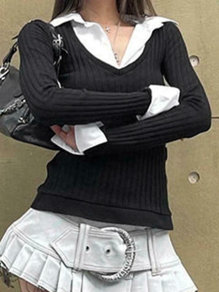 Y2K Aesthetic Polo Neck Splice Knit: Coquette Grunge Style, Cute Tops & Cargo Skirt