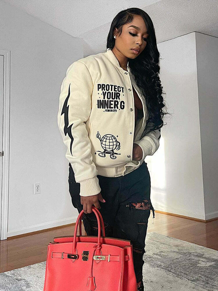 Y2K Aesthetic Printed Baseball Jacket for Women - Coquette & Grunge Style Cargo Skirt Outfit