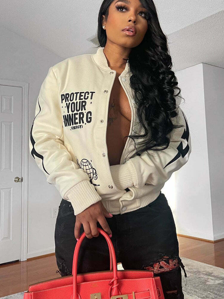 Y2K Aesthetic Printed Baseball Jacket for Women - Coquette & Grunge Style Cargo Skirt Outfit